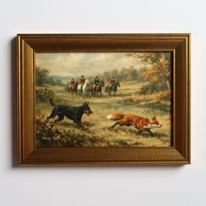 Vintage inspired Hunting Scene Framed Art print in Gold Frame 5x7 Doberman